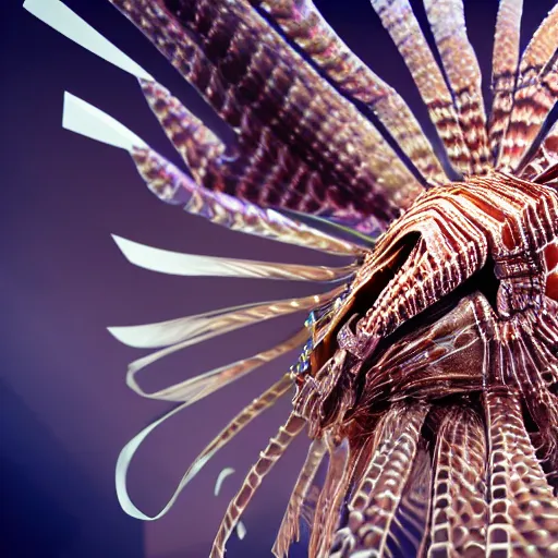 Prompt: lionfish beautiful natural soft light, rim light, gold fractal details, fine lace, mandelbot fractal anatomical, glass, facial muscles, elegant, ultra detailed, metallic armor, octane render