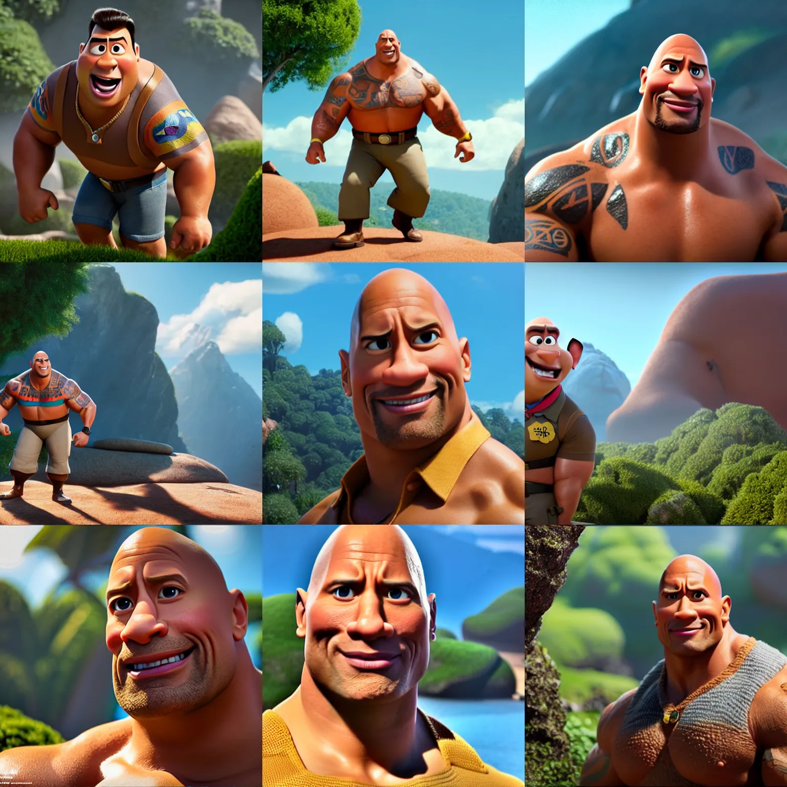 Prompt: dwayne johnson as a pixar disney character from up ( 2 0 0 9 ), unreal engine, octane render, 3 d render, photorealistic