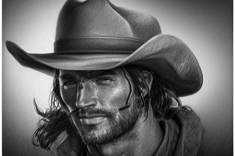 Image similar to hyperrealist pencil sketch of a cowboy by david malan, fantasy art, drawing, dynamic lighting, artstation, poster, volumetric lighting, very detailed faces, 4 k, award winning