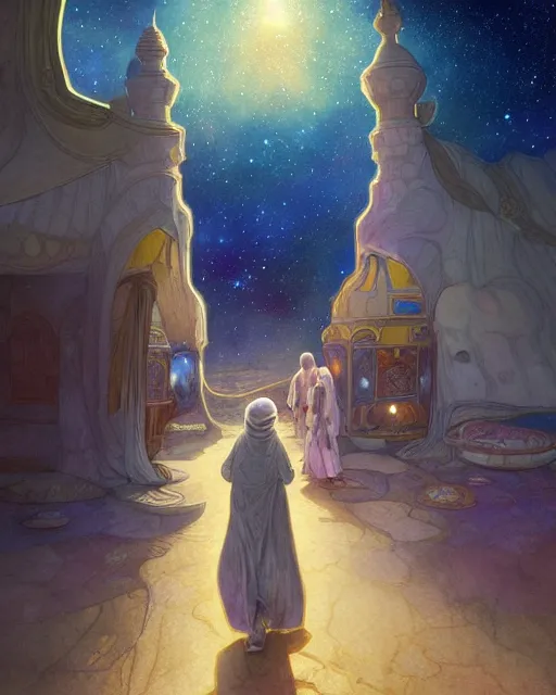 Image similar to bedouin man and woman and child in galaxy walking towards mosque surrounded by nebula, highly detailed, gold filigree, romantic storybook fantasy, soft cinematic lighting, award, disney concept art watercolor illustration by mandy jurgens and alphonse mucha and alena aenami, pastel color palette, featured on artstation