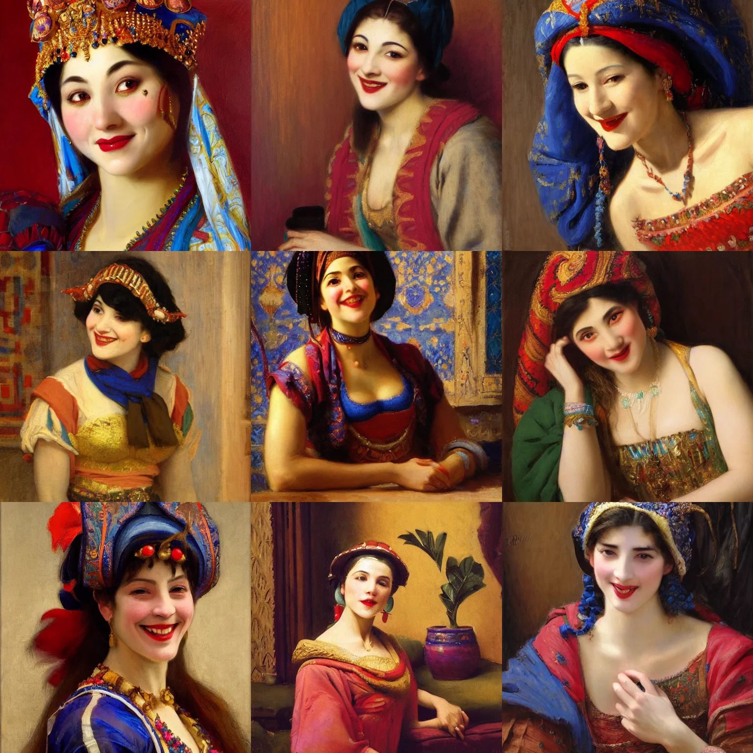 Prompt: orientalism painting of a beautiful female jester smiling by edwin longsden long and theodore ralli and nasreddine dinet and adam styka, masterful intricate art. oil on canvas, excellent lighting, high detail 8 k