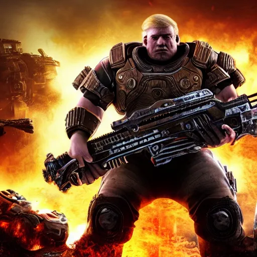 Image similar to photo portrait of donald trumpwith cigar as god emperor in gears of war, splash art, movie still, detailed face, photorealistic facial features, cinematic lighting, dramatic, octane render, long lens, shallow depth of field, bokeh, anamorphic lens flare, 8 k, hyper detailed, 3 5 mm film grain