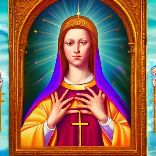 Prompt: Renaissance portrait of a holy catholic female saint, trending on art station, 4k UHD, 8k, painting illustration, high detail by Lisa Frank