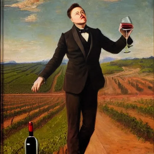 Image similar to Elon musk turns water into wine, oil on canvas, 1883