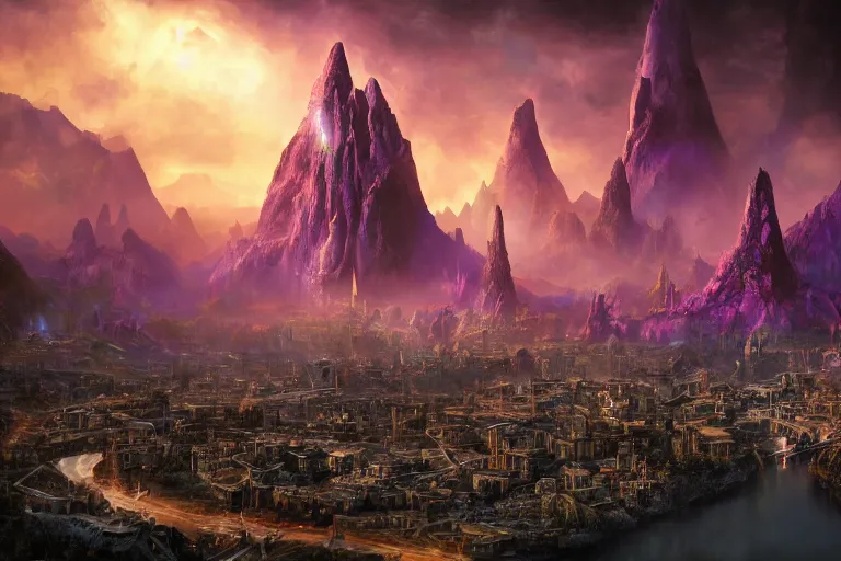 Prompt: An alien city surrounded by black monoliths surging with chaos magic at the bottom of yellow hills with a river running through it, clear purple skies in the background, by Thomas Kincade, Richard Sigamani, 8k photorealistic, cinematic lighting, HD, high details, dramatic, trending on artstation