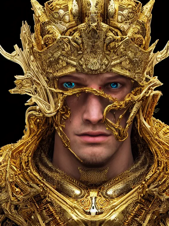 Image similar to portrait art of 8k ultra realistic Zeus,intricate gold crown, detailed intricate ornate armour,decaying, cybernetic, full of colour, cinematic lighting, battered, trending on artstation, 4k, hyperrealistic, focused, extreme details,unreal engine 5, cinematic, masterpiece, art by ayami kojima, giger