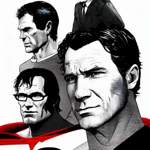 Prompt: Thomas Jane, an illustration of Bruce Wayne and Clark Kent with both Batman and Superman lurking in their shadows, art by Ilya Kuvshinov, highly detailed, comics, epic landscape, HD digital art, artstation