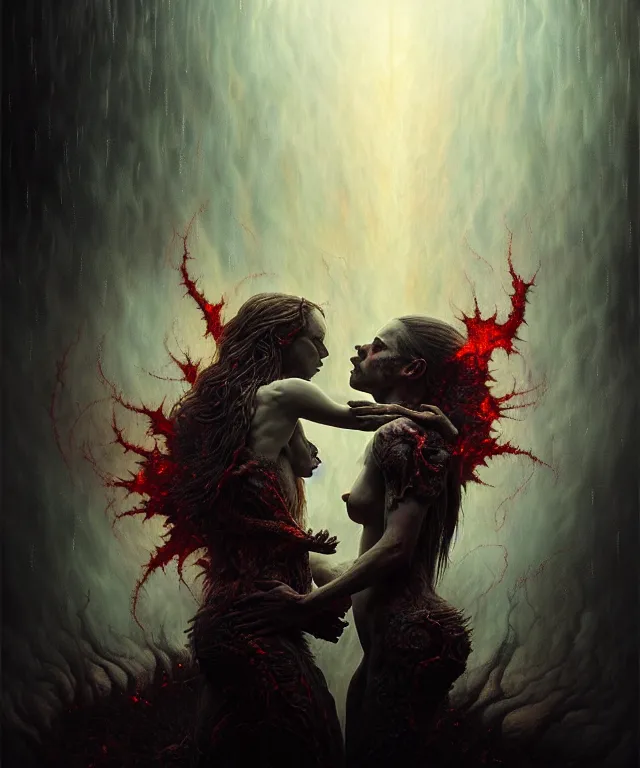 Image similar to epic professional digital art the war between heaven and hell, horrific yet beautiful vibe, evocative, atmospheric lighting, painted, intricate, highly detailed, by leesha hannigan, wayne haag, reyna rochin, ignacio fernandez rios, mark ryden, iris van herpen, artstation, cgsociety, stunning, gorgeous, sharp focus, cinematic, masterpiece