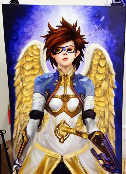 Image similar to full body oil painting of tracer overwatch in the style of sophie anderson, angel wings, angelic golden armor, dramatic painting, symmetrical composition, ornate, golden chains, high detail, gold detailed collar!!!!!, blooming, angelic, lights, flowers, heavenly, bright, detailed face,