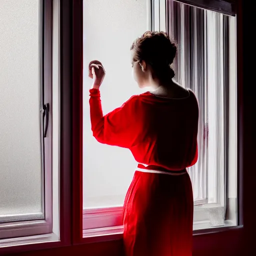Image similar to woman wearing white and red looking outside the window in her bedroom at night, elegant, highly detailed, 8 k, photorealistic, photography, real picture, heavy grain, studio lighting, hdr