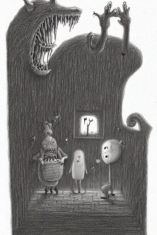 Image similar to a drawing of a creepy monster, a storybook illustration by John kenn, behance contest winner, pop surrealism, storybook illustration, childs drawing, macabre