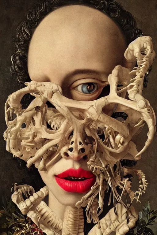 Image similar to Detailed maximalist portrait with large lips and with large, wide eyes, sad expression, extra bones, HD mixed media, 3D collage, highly detailed and intricate, surreal, illustration in the style of Caravaggio, dark art, baroque