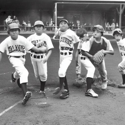 Image similar to 70mm photo of a youth baseball team trying to eat the bleachers, but the coaches are pulling them away