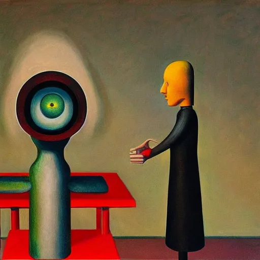 Image similar to super - intelligent robot with kind eyes portrait, lowbrow, pj crook, grant wood, edward hopper, oil on canvas