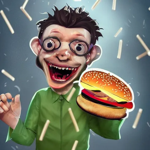 Image similar to a mad scientist in his back yard laughing happily at the hamburgers which are falling from the sky , concept art, trending on artstation 3D.