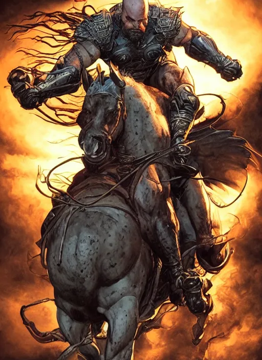 Image similar to bald grey bearded ethan van sciver riding a dark horse into battle, full view, beautiful zoomed out artwork by artgerm and rutkowski, breathtaking, beautifully lit, dramatic, full view