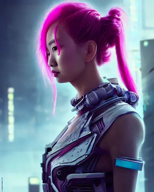 Image similar to portrait of a beautiful asian woman with pink hair as a cyberpunk cyborg half robot, sci - fi, missing panels, intricate abstract upper body intricate artwork, concept art, octane render, deviantart, cinematic, key art, hyperrealism, iridescent accents, portrait photograph, nikon 3 5 mm, photograph by greg rutkowski