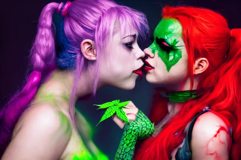 Prompt: steamy photoshoot of harley quinn and poison ivy making out. photo - realistic hd, hyperrealism, colourful, highly detailed, cinematic, luminescence, 3 2 k, dop, high contrast, intricate, mystery, epic, fantasy