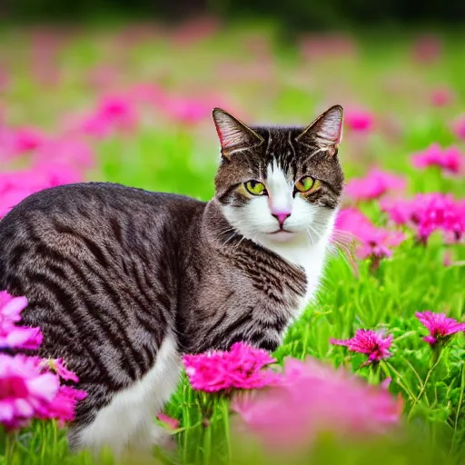 Image similar to a professional photograph of a cat in a field of flowers, high quality, highly detailed, cute, HD, 8K