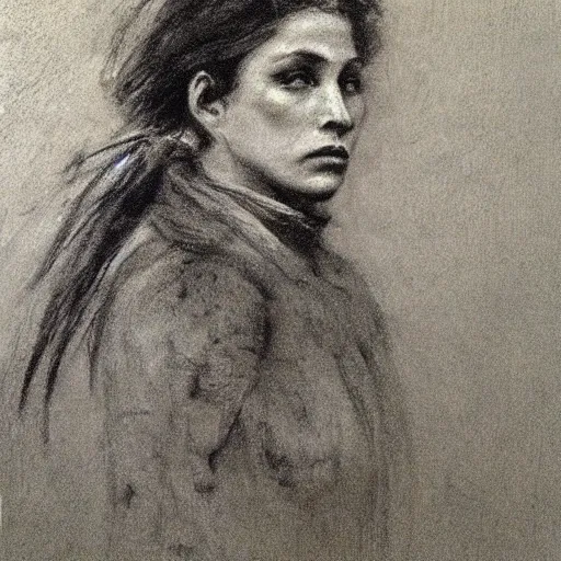 Prompt: portrait of a action heroine, by alfred stevens in charcoal