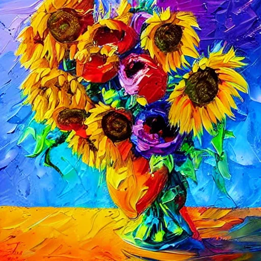 Image similar to beautiful and vivid anastasia trusova impasto acrylic still life painting of a vase of sunflowers and roses