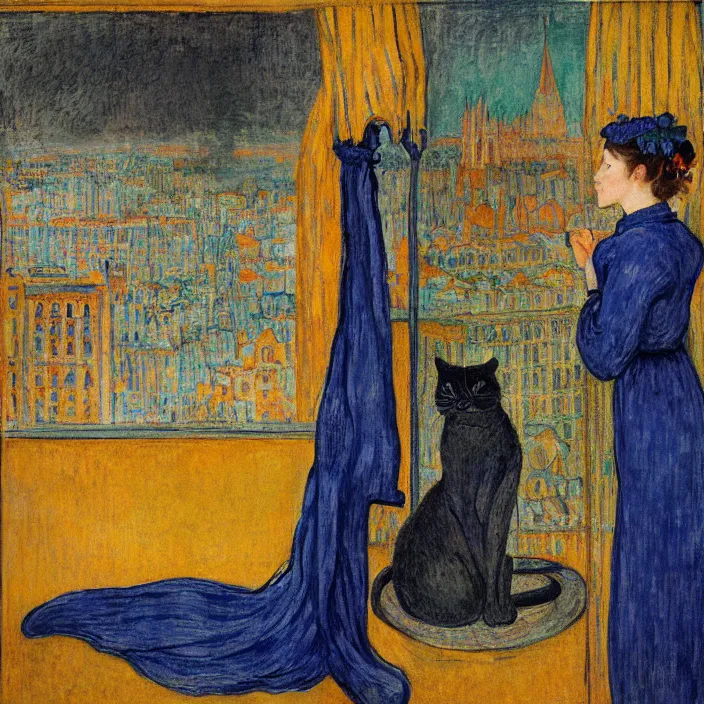 Image similar to portrait of woman in night gown with cat, with city with gothic cathedral seen from a window frame with curtains. sunset. lapis - lazuli, malacchite, turquoise, indigo. lucas cranach, bonnard, henri de toulouse - lautrec, utamaro, matisse, monet