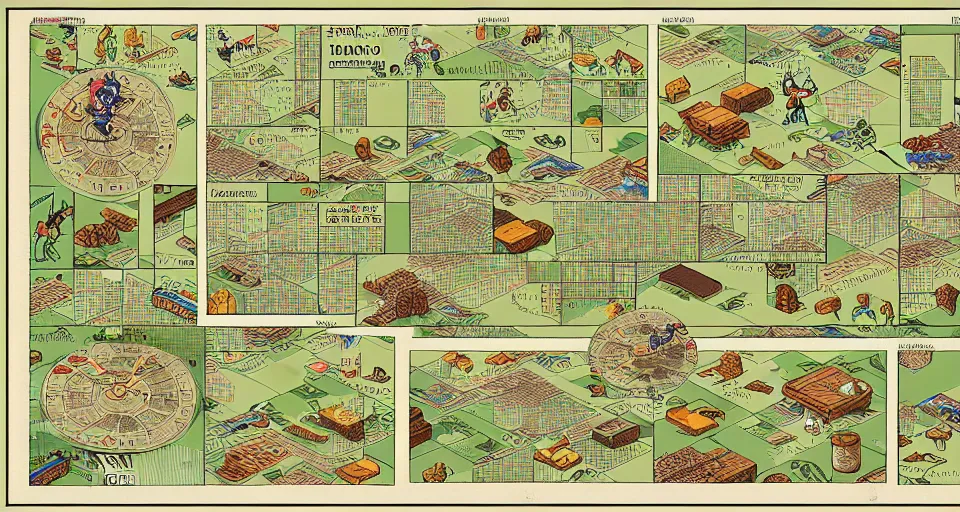 Image similar to isometric miniature map dashboard with time series charts, pie plots and other modern graphics, with small creatures on it. monografia by diego rivera and geof darrow