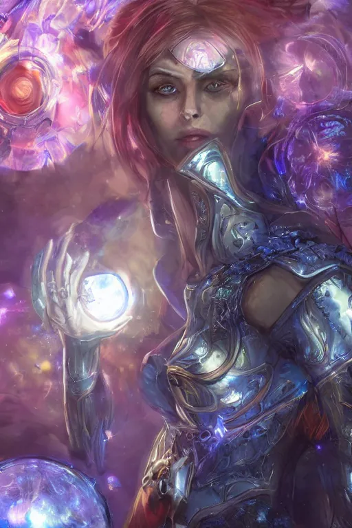 Prompt: Path of Exile, Maven, clear face, blue eyes, female image with silver purple hair among colourful lights, dark blue spheres fly around, Anachronism, painting, dark fantasy, steampunk, 4k, perfect quality,