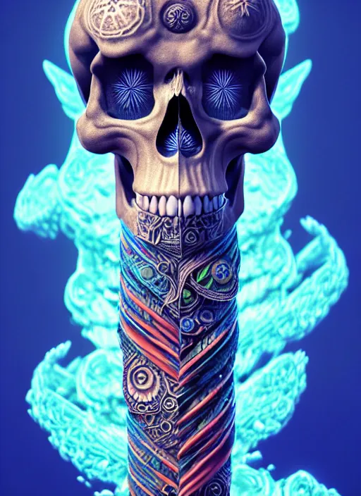 Image similar to 3 d shaman with tattoos profile portrait, sigma 5 0 0 mm f / 5. beautiful intricate highly detailed quetzalcoatl skull and feathers. bioluminescent, plasma, lava, ice, water, wind, creature, thunderstorm! artwork by tooth wu and wlop and beeple and greg rutkowski, 8 k trending on artstation,