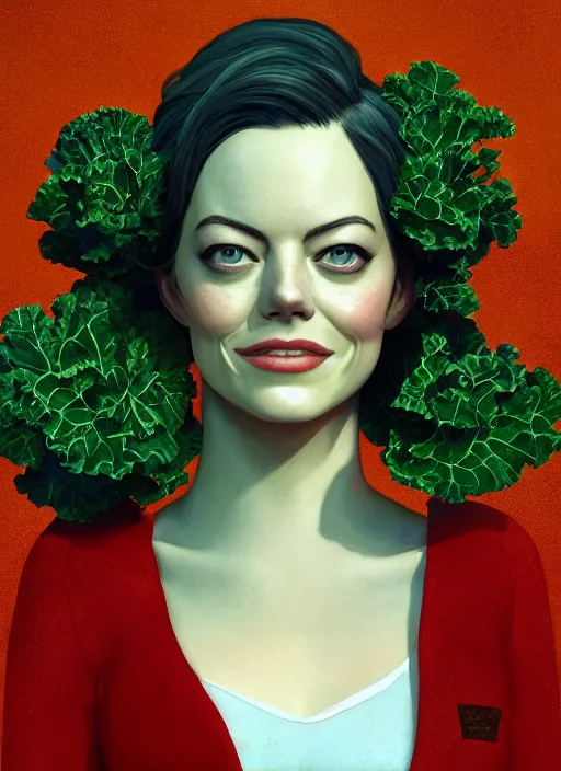 Prompt: portrait of emma stone as kale!! biohazard bioshock, au naturel, hyper detailed, digital art, trending in artstation, cinematic lighting, studio quality, smooth render, unreal engine 5 rendered, octane rendered, art style by klimt and nixeu and ian sprigger and wlop and krenz cushart