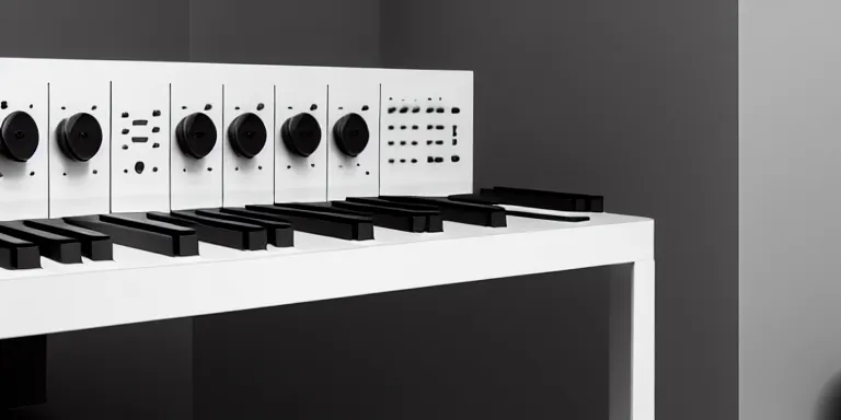 Image similar to dezeen showroom , minimalissimo, archdaily, , teenage engineering moad, mother of all decks, product design concept,product shot of moog melotron synthesizer designed by jony ives, dieter rams, 8k, highly detailed photo