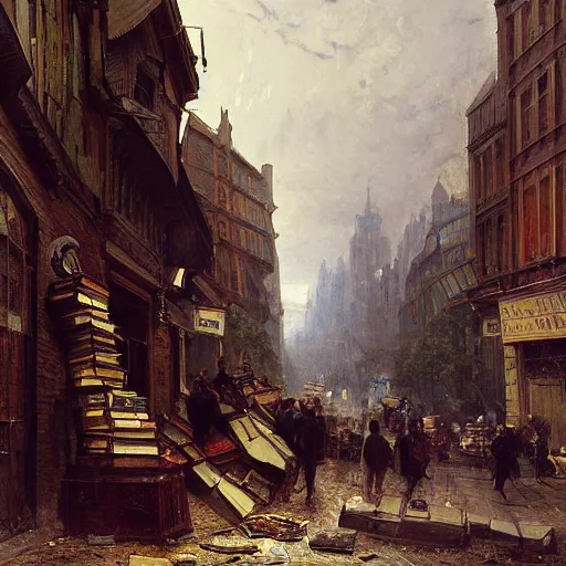 Prompt: painting of a scifi ancient civilzation victorian book store with pile of books on the street, andreas achenbach