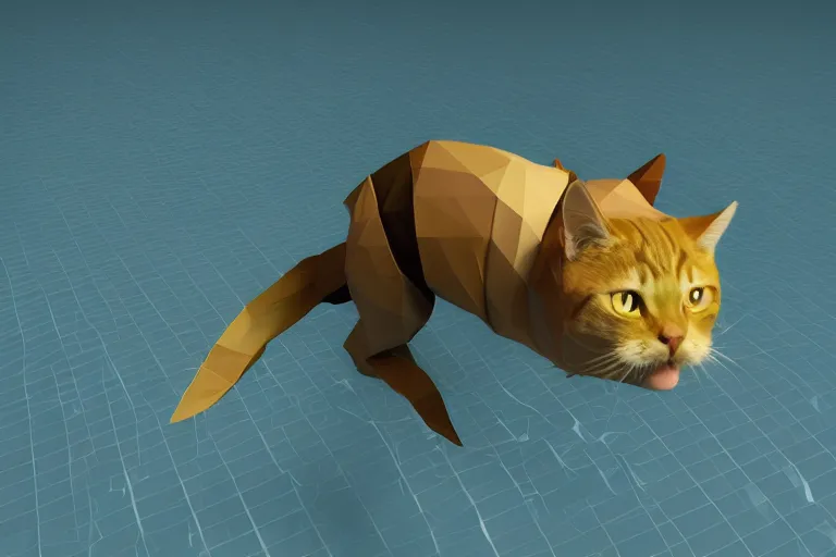 Image similar to a cat dressed as a scuba diver swimming underwater, low poly, render, blender, low polygon, creepy, vast,