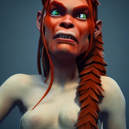 Image similar to beautiful redhead girl orc, clash royal style characters, unreal engine 5, octane render, detailed, cinematografic, cinema 4 d