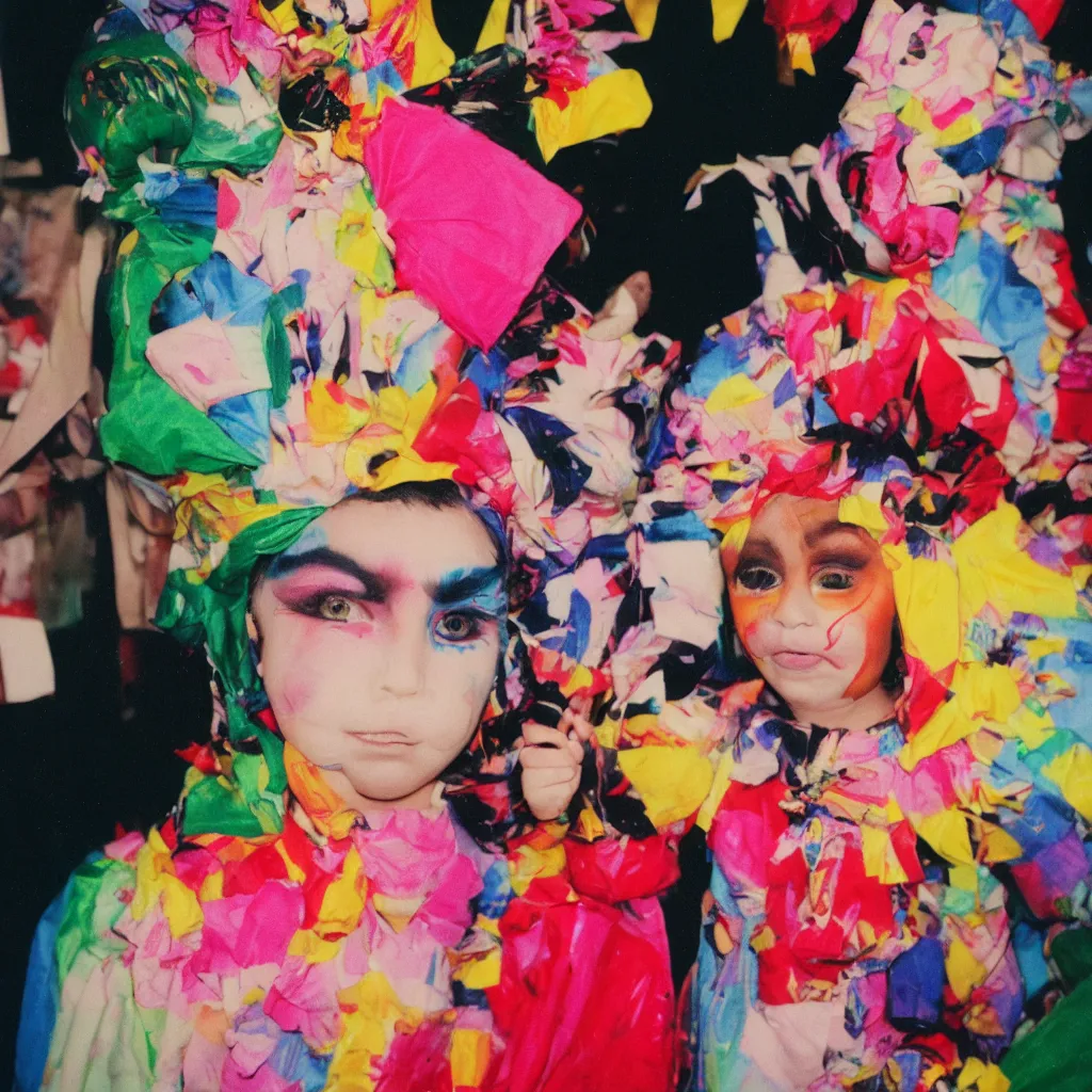 Image similar to a funny person wearing exaggerated makeup and colorful oversized garments, full body portrait, at a child's birthday party, polaroid