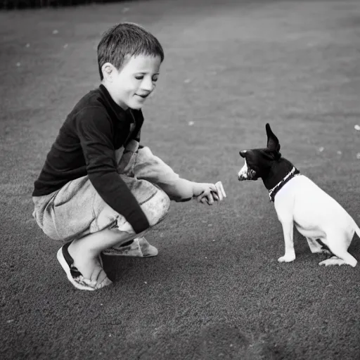 Image similar to a short guy playing with his black and white dog