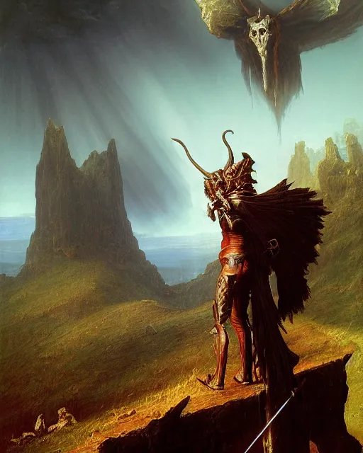 Image similar to the death knight, standing on a hill, by Thomas Cole and Wayne Barlowe