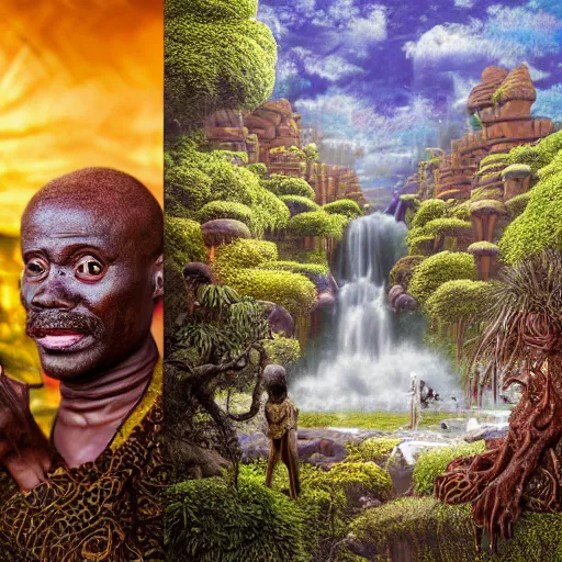 Image similar to wide angle dynamic portrait of a chibbi dogon priest in an african zen garden with a waterfall! and a golden ornate steampunk portal, amigurumi by mark ryden and todd schorr and mark davis and zdislaw beksinski in a surreal lowbrow style, digital paint, macrophotography, felt texture, matte paint, vivid synthwave colors, breathtaking landscape