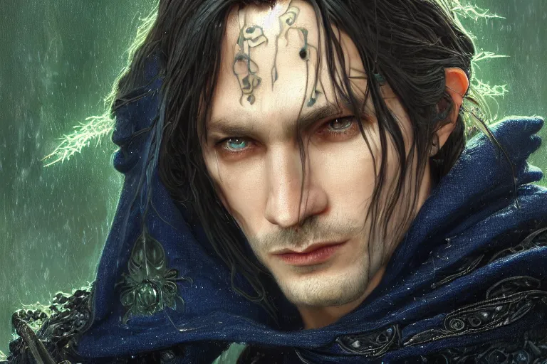 Image similar to ultrarealistic cursed male mage face portrait fighting, long black hair blue eyes wearing leather mantle gothic navy cloak with leather details, green plants, octane render, extreme intricate details, elegant, cinematic lighting, highly detailed, artstation, dnd fantasy character art, cgsociety, sharp focus, beautiful digital painting by artgerm, gerald brom, wlop, alphonse mucha