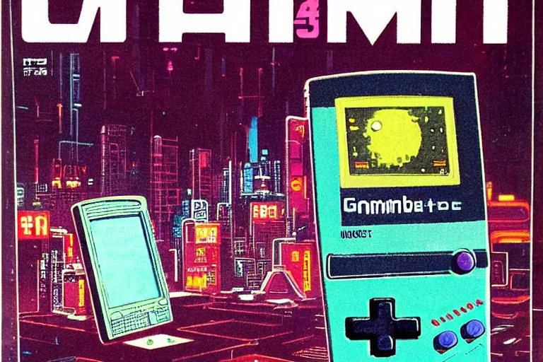 Image similar to a 1979 cover of OMNI magazine depicting a gameboy. Neo-Tokyo. Cyberpunk style art by Vincent Di Fate.