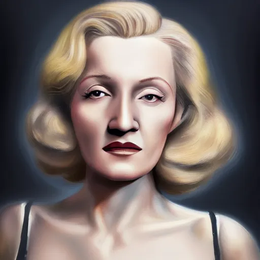 Prompt: A Hearts of Iron IV portrait of a blonde German actress who looks like Marlene Dietrich. Highly detailed, fine Art, high detail, great lighting, 8k resolution, masterpiece, concept art, illustration, clear eyes, painting oil on canvas, octane render, HDR, trending on artstation, 4k, 8k, HD