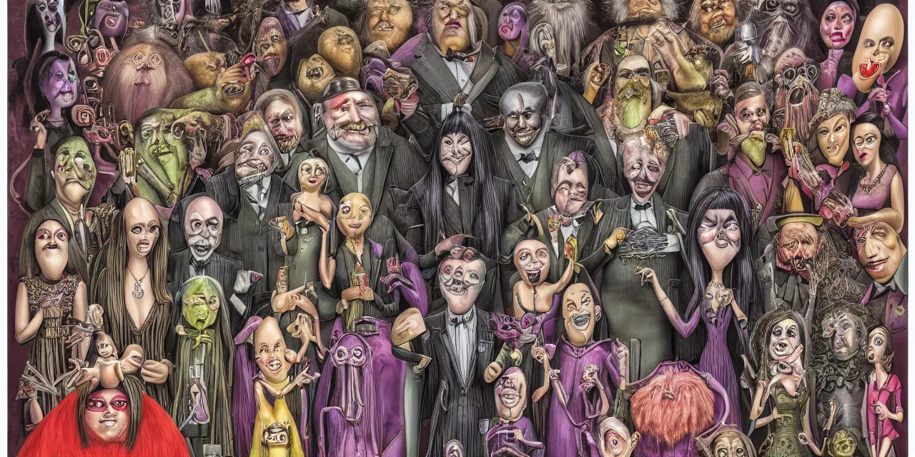 Image similar to a highly detailed image of a addams family style illustration, rich colors, surreal aliens meet the last super part 2