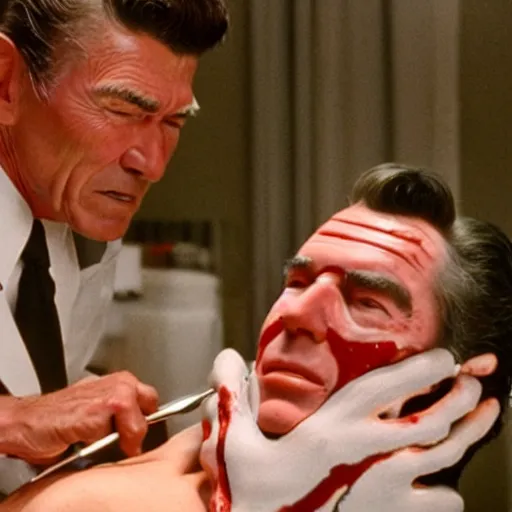 Prompt: Still of Ronald Regan removing his human skin, revealing his lizard body, in the style of Eyes Wide Shut (1999)