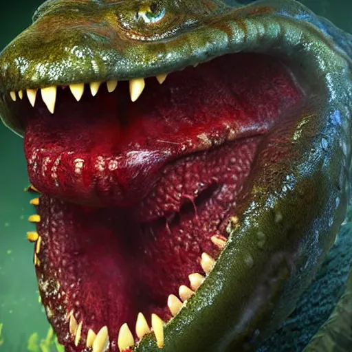 Prompt: a large slimy monster a with very long slimy tongue, dripping saliva, macro photo, fangs, red glowing skin, skin with scales, cinematic, tiny glowbugs everywhere, standing in shallow water, insanely detailed, dramatic lighting