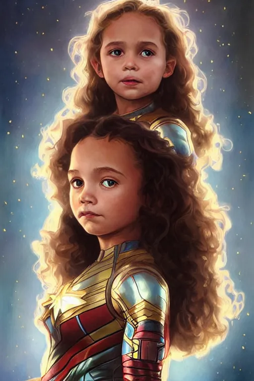 Image similar to a little girl with a michievous face and light brown curly wavy hair. she is dressed as captain marvel, wonder woman, captain america, a superhero. clean elegant painting, beautiful detailed face. by artgerm and greg rutkowski and alphonse mucha