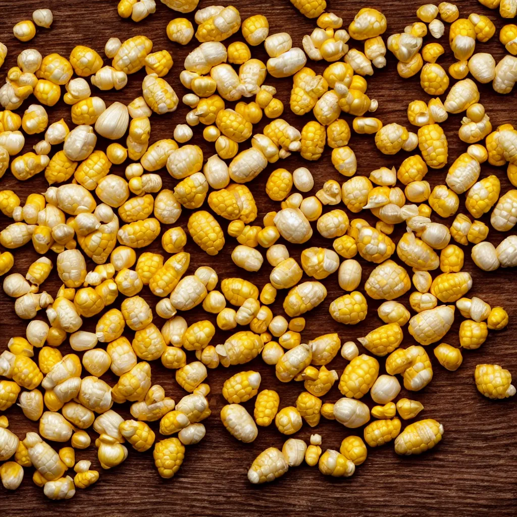 Prompt: close - up view of corn kernels on top of a wooden table, 8 k, high detail, photorealistic, proper shading