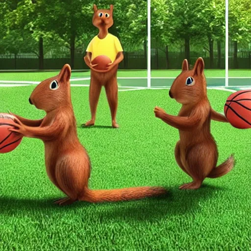 Image similar to three squirrels play basketball in a city park whilst a crowd of vegetables cheer from the side, realistic render