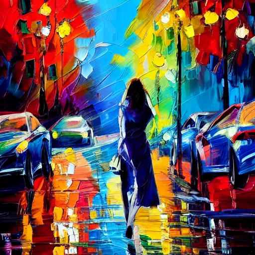 Image similar to impasto acrylic palette knife, impressionism and expressionism, strong emotional impact, bold colors, expressive brushstrokes, overall sense of movement in the composition. woman in a serene san francisco streetscape at night, trending on artstation