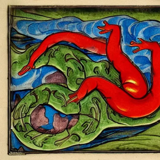 Image similar to salamander on fire in the style of a grotesque of an illuminated manuscript