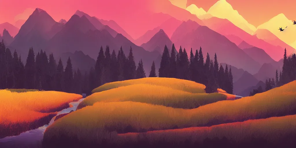 Image similar to a minimalist picture of a beautiful landscape, trees, stream, sunset, mountains, art by petros afshar